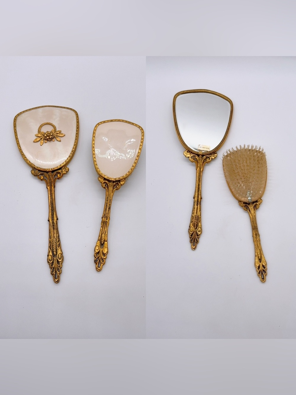 Vtg Gold Plated Hand Mirror And Hair Brush Set Raised Floral Vanity set